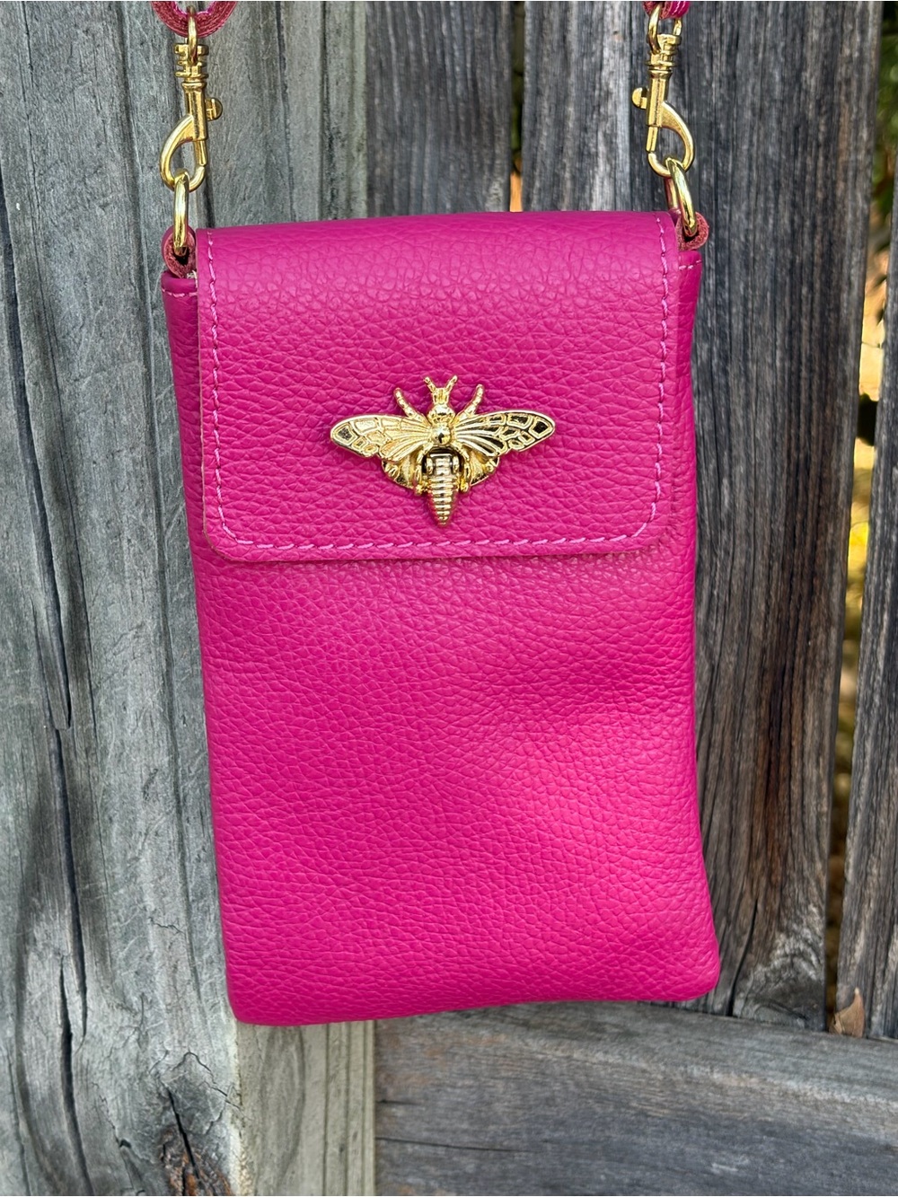 Vimoda Leather Coll Fuchsia Leather Crossbody Phone Pouch with Gold Bee Accent